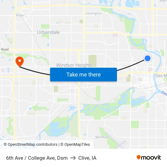 6th Ave / College Ave, Dsm to Clive, IA map