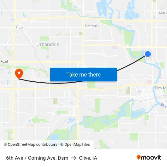 6th Ave / Corning Ave, Dsm to Clive, IA map