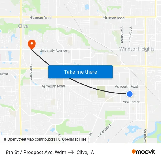 8th St / Prospect Ave, Wdm to Clive, IA map