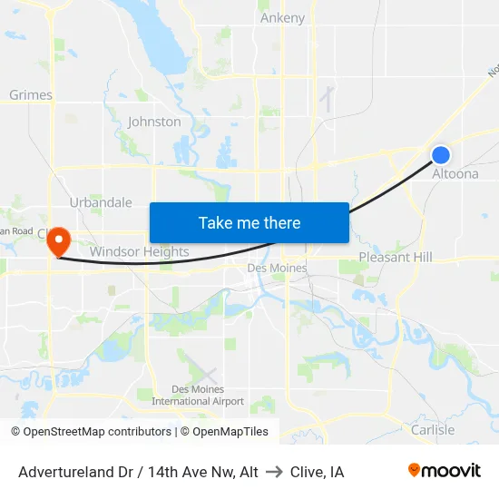Advertureland Dr / 14th Ave Nw, Alt to Clive, IA map