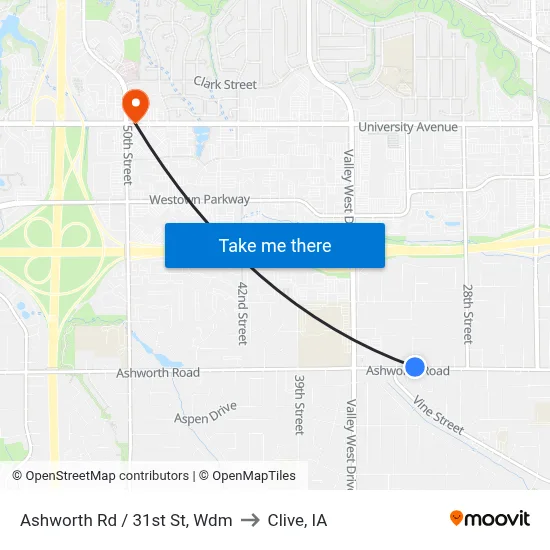 Ashworth Rd / 31st St, Wdm to Clive, IA map