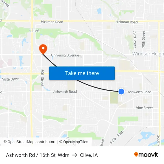 Ashworth Rd / 16th St, Wdm to Clive, IA map