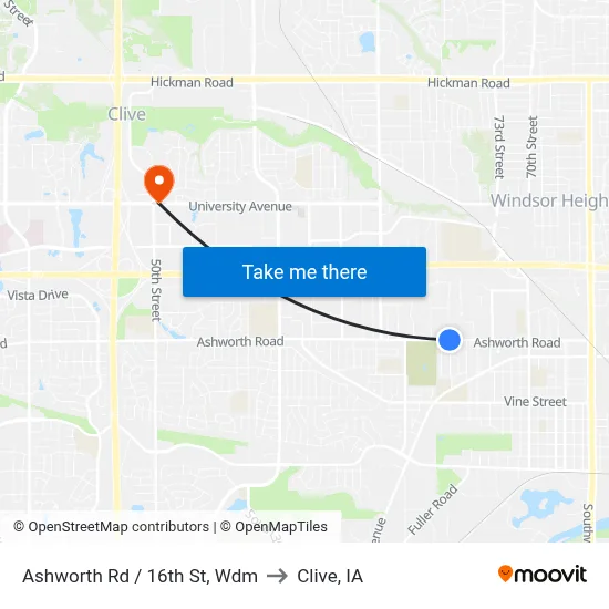 Ashworth Rd / 16th St, Wdm to Clive, IA map