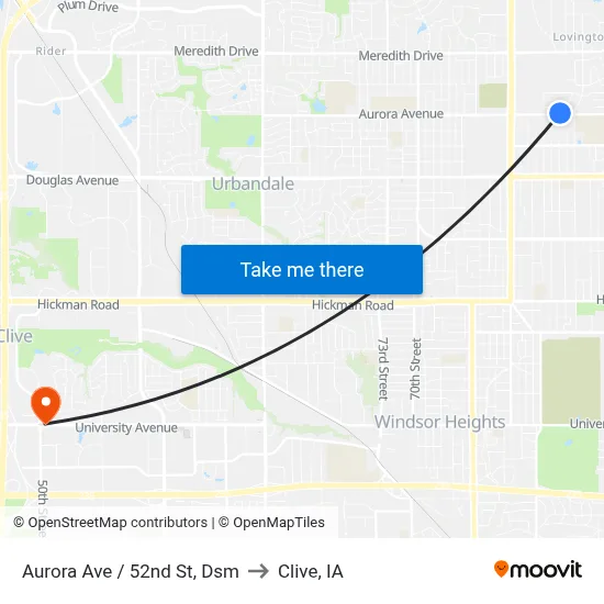 Aurora Ave / 52nd St, Dsm to Clive, IA map