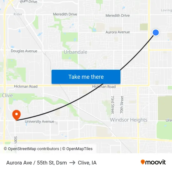 Aurora Ave / 55th St, Dsm to Clive, IA map