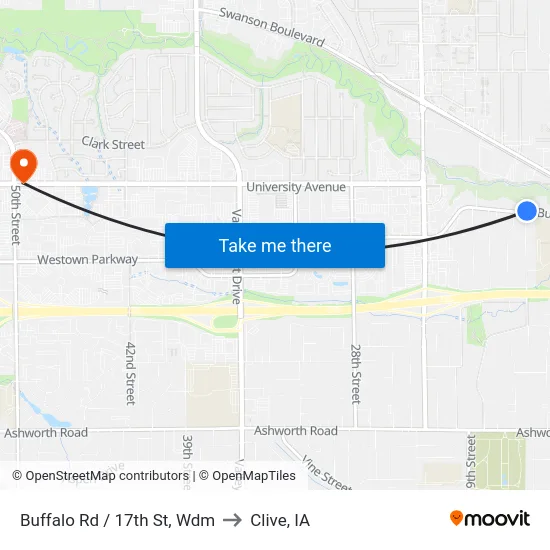Buffalo Rd / 17th St, Wdm to Clive, IA map