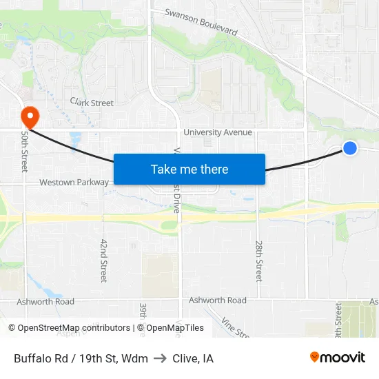 Buffalo Rd / 19th St, Wdm to Clive, IA map