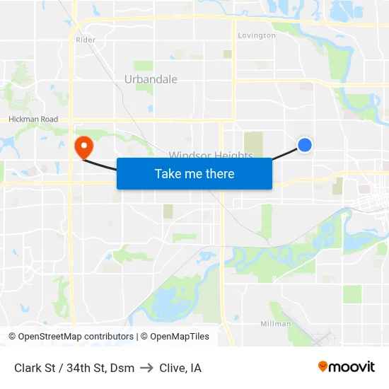 Clark St / 34th St, Dsm to Clive, IA map