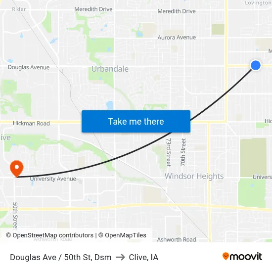 Douglas Ave / 50th St, Dsm to Clive, IA map