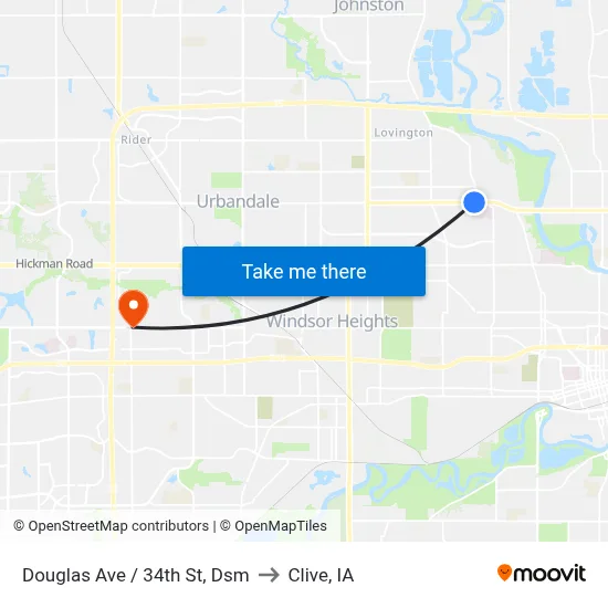 Douglas Ave / 34th St, Dsm to Clive, IA map