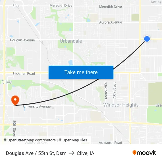 Douglas Ave / 55th St, Dsm to Clive, IA map