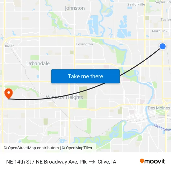 NE 14th St / NE Broadway Ave, Plk to Clive, IA map