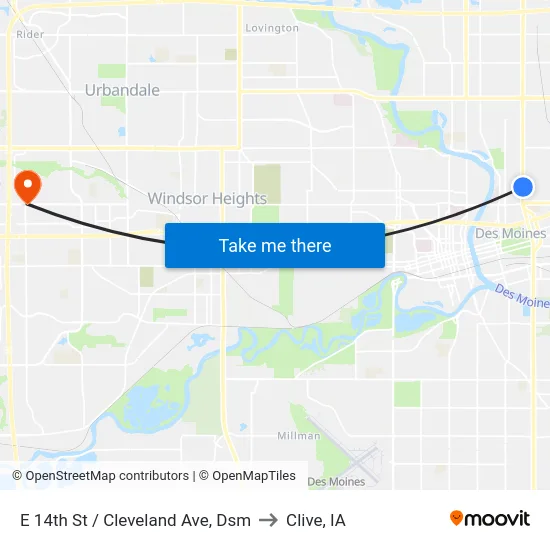 E 14th St / Cleveland Ave, Dsm to Clive, IA map