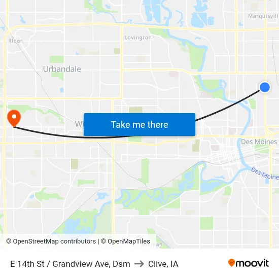 E 14th St / Grandview Ave, Dsm to Clive, IA map