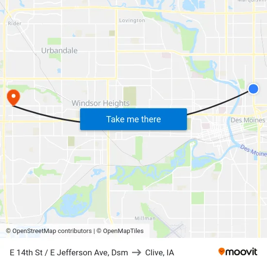 E 14th St / E Jefferson Ave, Dsm to Clive, IA map