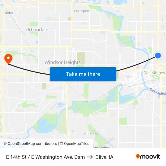 E 14th St / E Washington Ave, Dsm to Clive, IA map