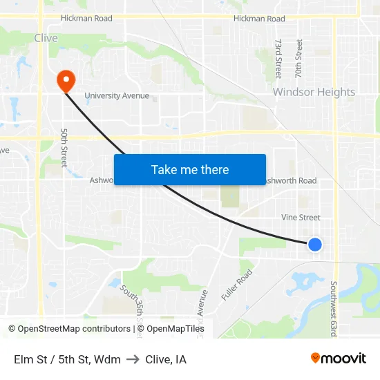 Elm St / 5th St, Wdm to Clive, IA map