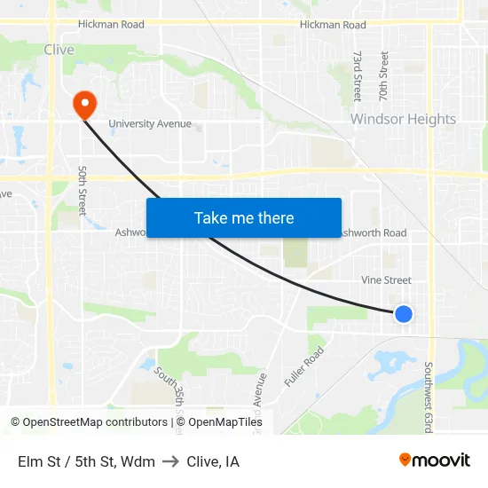 Elm St / 5th St, Wdm to Clive, IA map