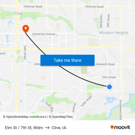 Elm St / 7th St, Wdm to Clive, IA map