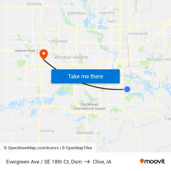 Evergreen Ave / SE 18th Ct, Dsm to Clive, IA map