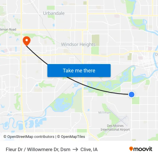 Fleur Dr / Willowmere Dr, Dsm to Clive, IA map