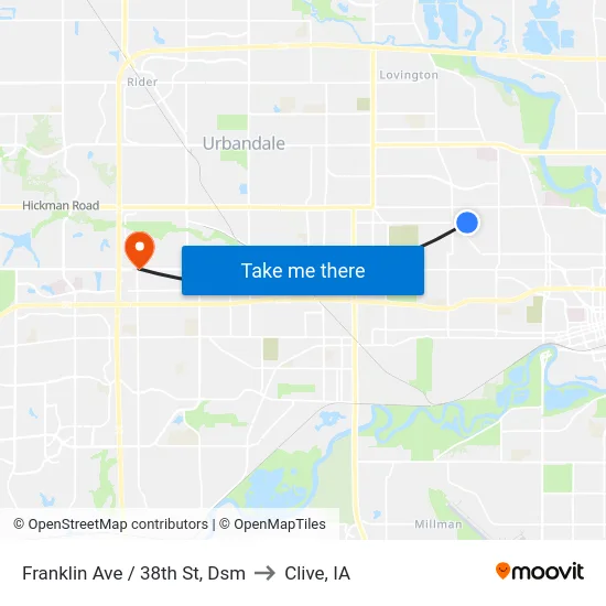 Franklin Ave / 38th St, Dsm to Clive, IA map