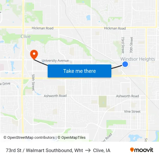 73rd St / Walmart Southbound, Wht to Clive, IA map