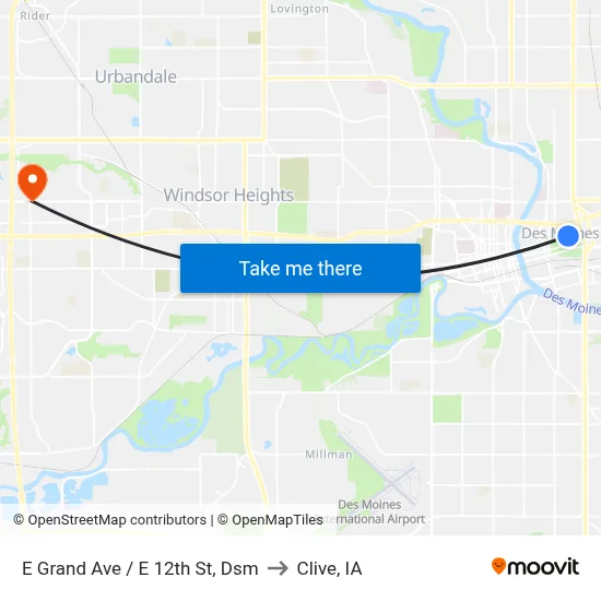 E Grand Ave / E 12th St, Dsm to Clive, IA map