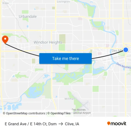 E Grand Ave / E 14th Ct, Dsm to Clive, IA map