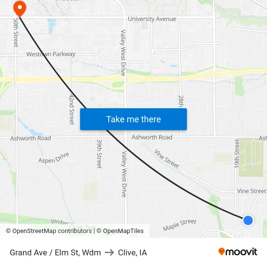 Grand Ave / Elm St, Wdm to Clive, IA map