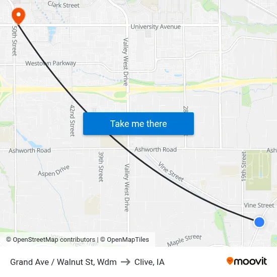 Grand Ave / Walnut St, Wdm to Clive, IA map