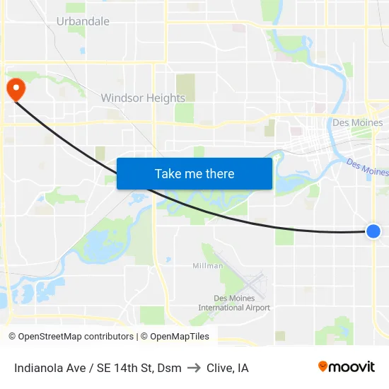 Indianola Ave / SE 14th St, Dsm to Clive, IA map