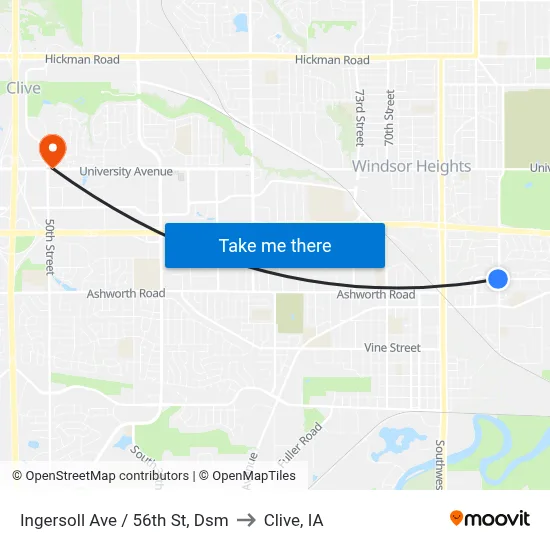 Ingersoll Ave / 56th St, Dsm to Clive, IA map