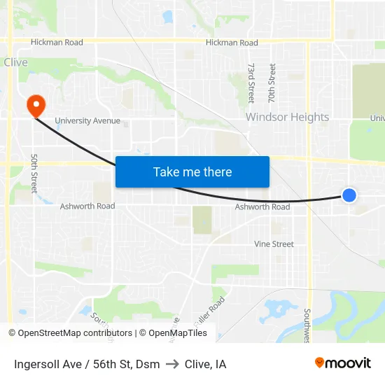 Ingersoll Ave / 56th St, Dsm to Clive, IA map