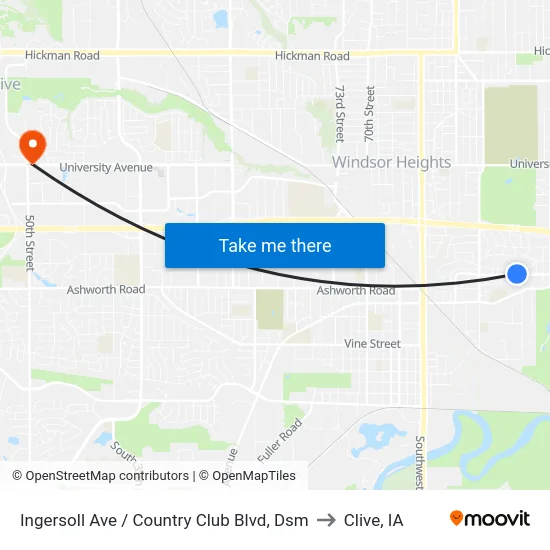 Ingersoll Ave / Country Club Blvd, Dsm to Clive, IA map
