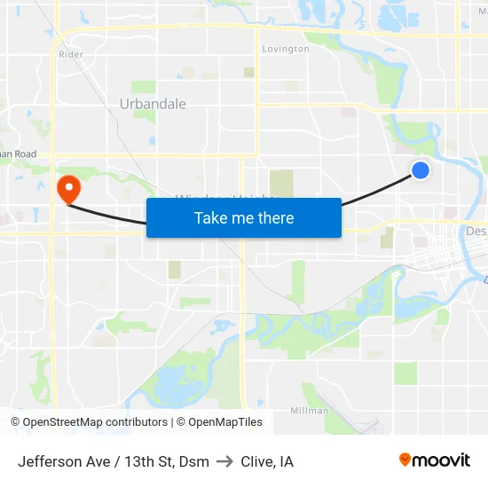 Jefferson Ave / 13th St, Dsm to Clive, IA map