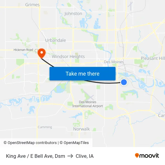 King Ave / E Bell Ave, Dsm to Clive, IA map