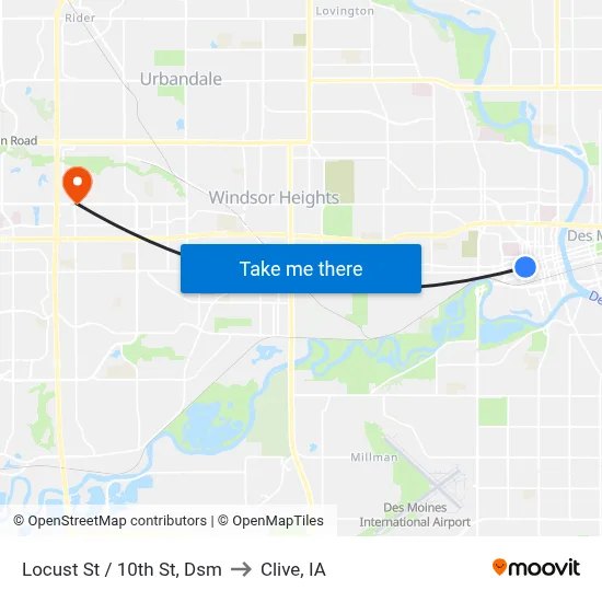 Locust St / 10th St, Dsm to Clive, IA map