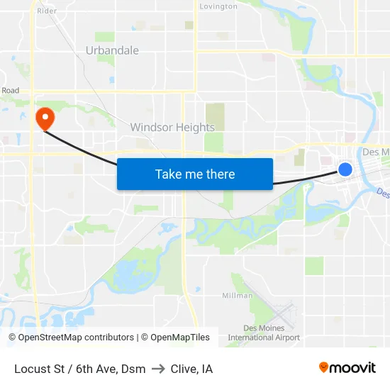 Locust St / 6th Ave, Dsm to Clive, IA map