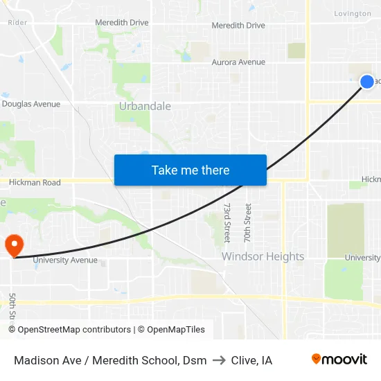 Madison Ave / Meredith School, Dsm to Clive, IA map