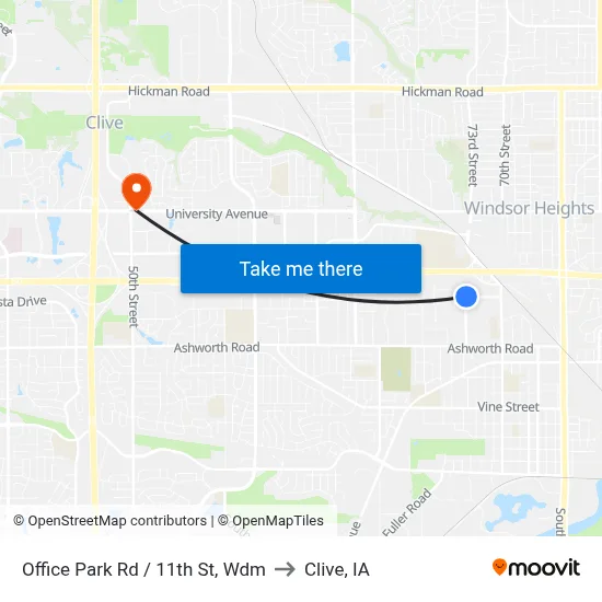 Office Park Rd / 11th St, Wdm to Clive, IA map