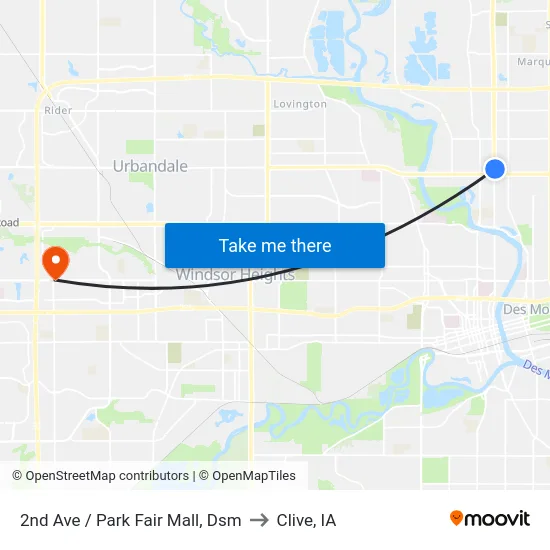 2nd Ave / Park Fair Mall, Dsm to Clive, IA map