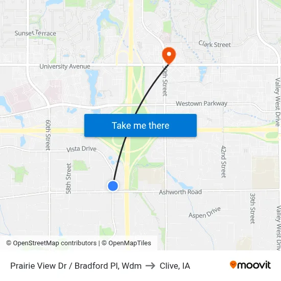 Prairie View Dr / Bradford Pl, Wdm to Clive, IA map