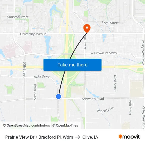 Prairie View Dr / Bradford Pl, Wdm to Clive, IA map