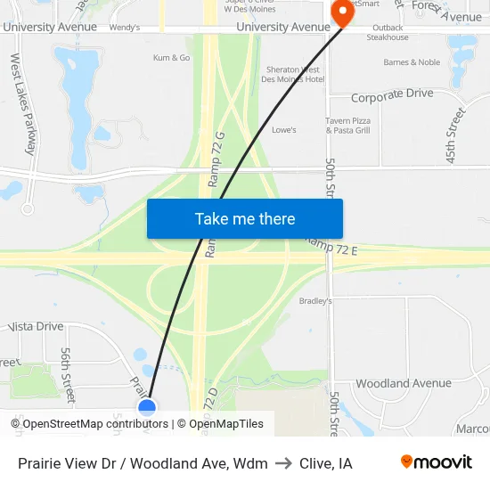 Prairie View Dr / Woodland Ave, Wdm to Clive, IA map