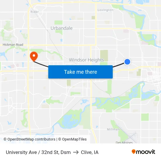 University Ave / 32nd St, Dsm to Clive, IA map