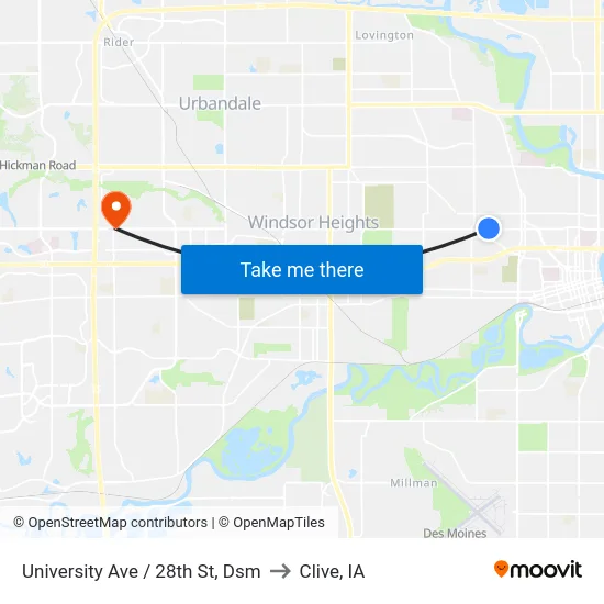 University Ave / 28th St, Dsm to Clive, IA map