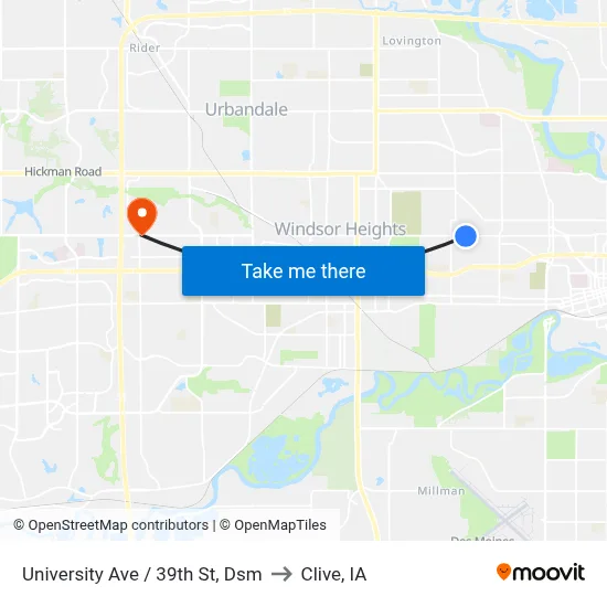 University Ave / 39th St, Dsm to Clive, IA map
