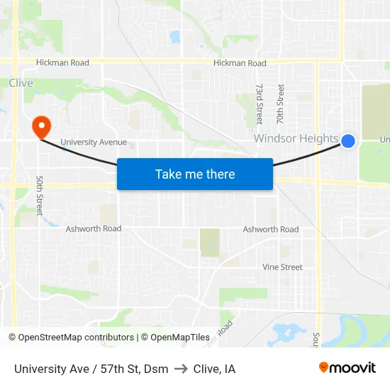 University Ave / 57th St, Dsm to Clive, IA map