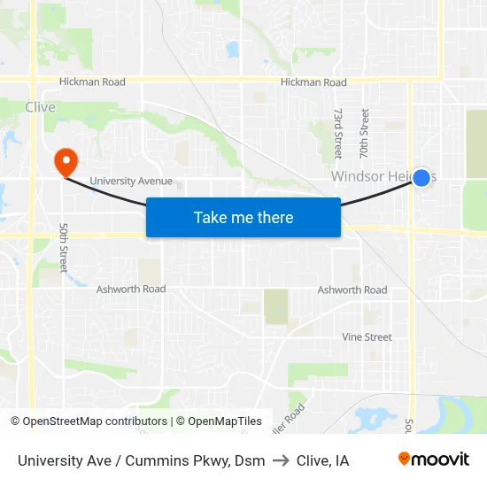 University Ave / Cummins Pkwy, Dsm to Clive, IA map